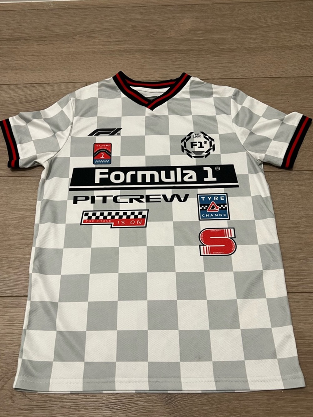 Formula 1 F1 Racing Jersey Youth Size XL Grey Checkered Pit Crew Shirt